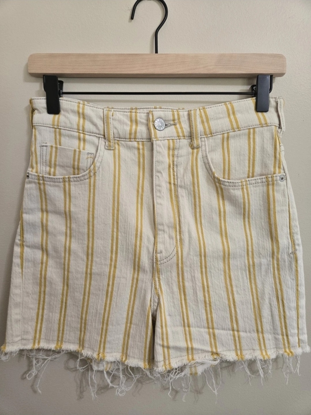 Anthropologie Pilcro Hi-Rise Striped Denim Raw Hem Shorts Women's 27 5 Pocket